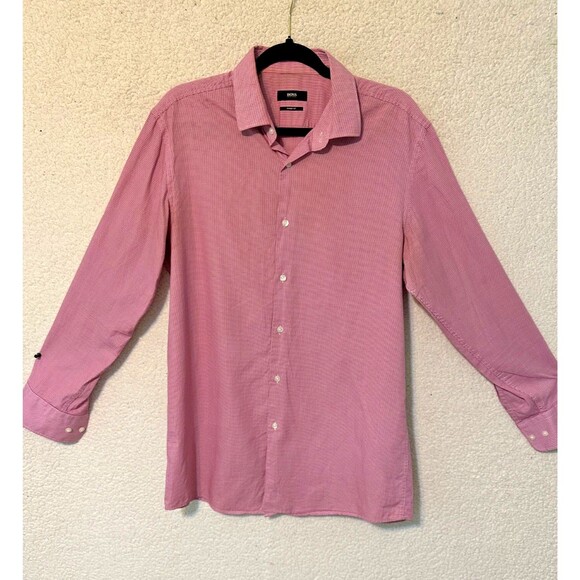 Hugo Boss Sharp Fit Micro Houndstooth Men Button Shirt Size 16  & 32/33 Preppy - Picture 1 of 12